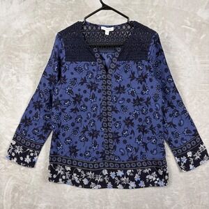 Beach Lunch Lounge Blue Floral Crochet Lace Yoke Boho Blouse Top Womens Medium